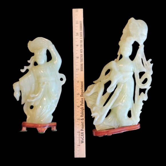 Set of 4 Vintage GESHIA's Asian Italy Green Jadeite Glass Figurines Wood Base - Picture 12 of 16